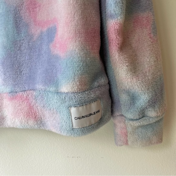 Calvin Klein Jeans Girls Hoodie M (7/8) Tie Dye Plush Fleece Pullover Pastel - Picture 2 of 14